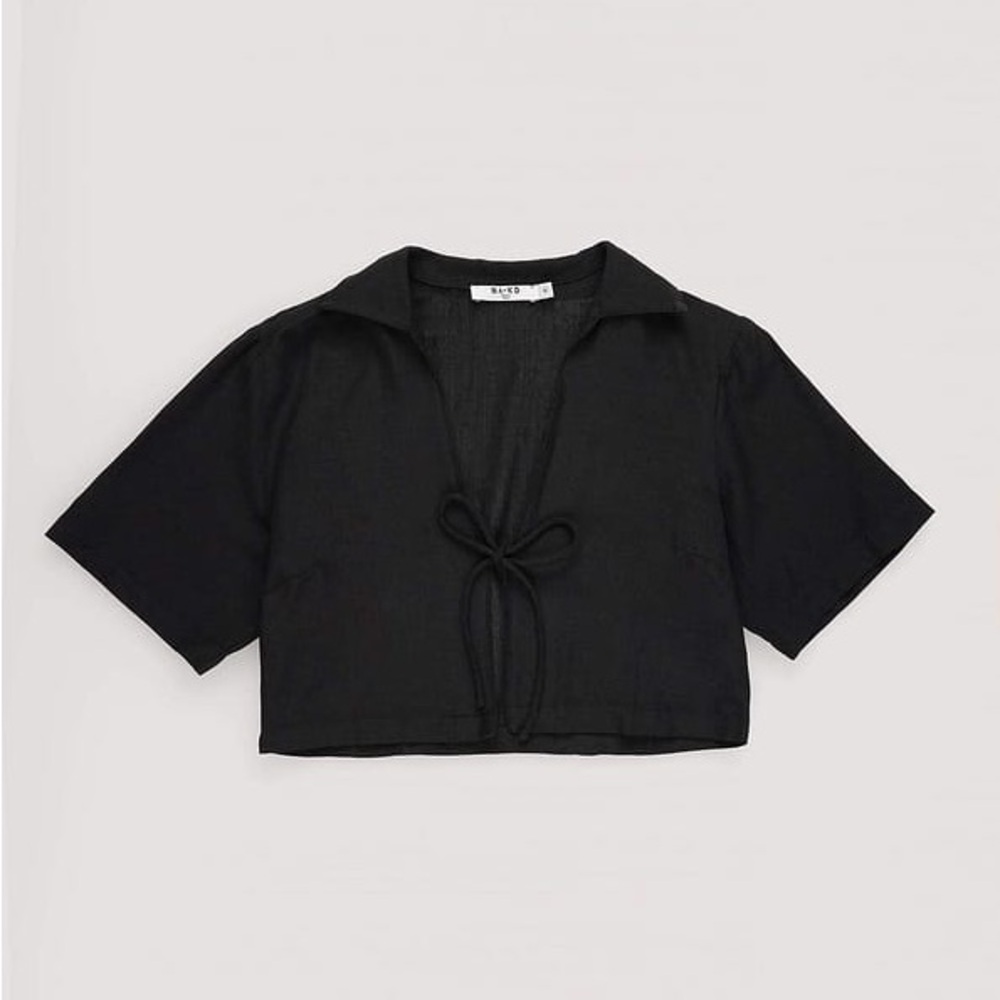 NA-KD Black Tie Front Linen blend Top Size 40/Medium